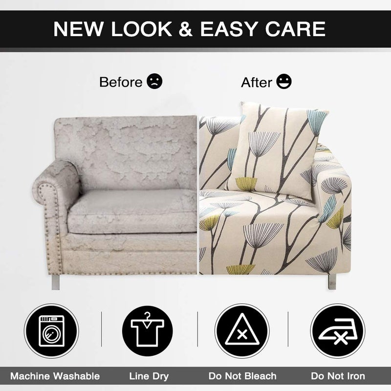 Lamberia Printed Sofa Cover Stretch Couch Cover Sofa Slipcovers for 4 Cushion Couch with Two Free Pillow Case (Dandelion, Sofa 4 Seater), Beige - Image 5
